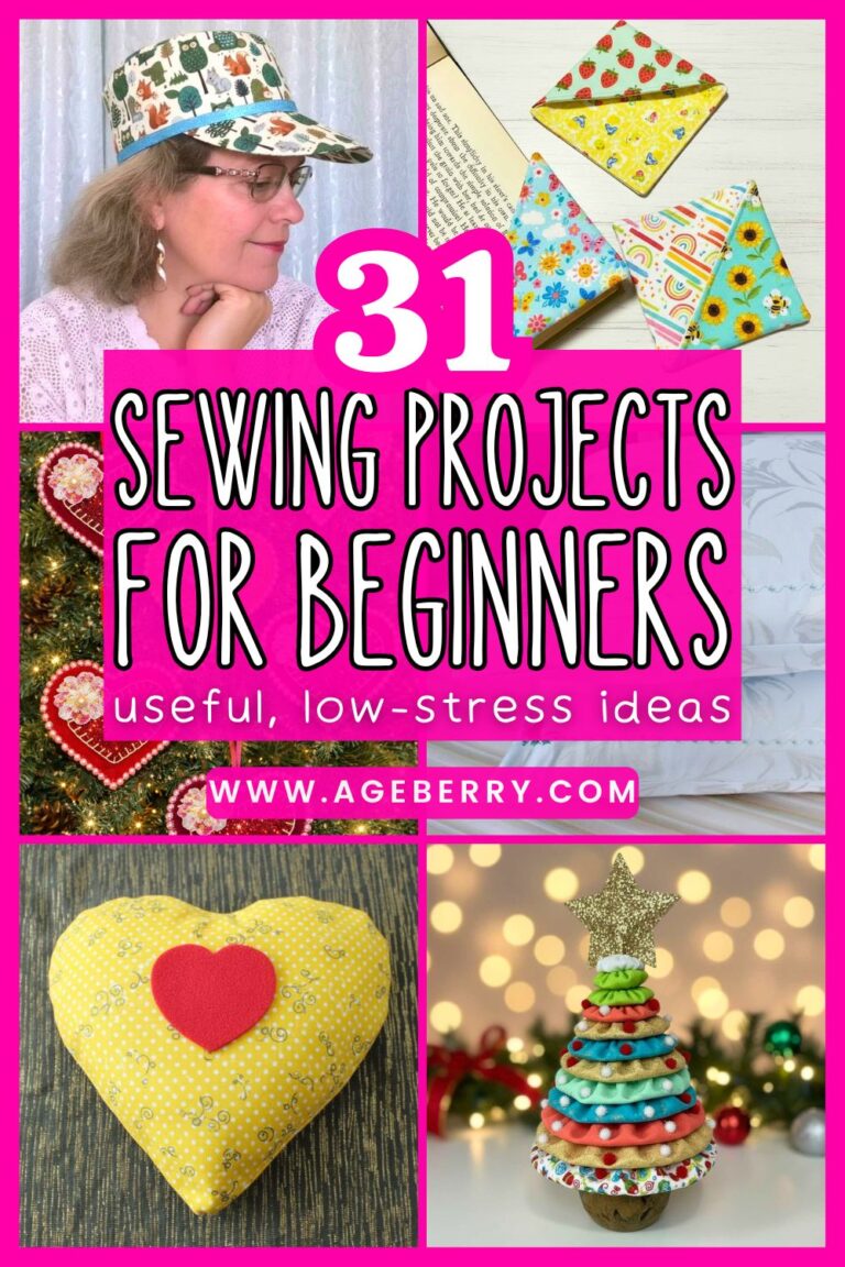 Learn how to sew with this collage of 31 sewing projects for beginners, featuring useful, low-stress ideas made from fabric scraps and simple patterns. The image shows a handmade fabric hat, corner bookmarks, felt heart ornaments, silk pillowcase, lavender sachet, and a yo-yo Christmas tree, along with the text “31 sewing projects for beginners.”