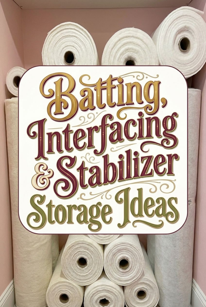A vertical Pinterest pin featuring multiple oversized rolls of white batting stacked neatly inside a shelving unit with a pink background. A decorative text box overlays the center, reading “Batting, Interfacing & Stabilizer Storage Ideas.” The scene shows bulky sewing materials stored upright and horizontally, illustrating organization solutions for sewing rooms and craft spaces.