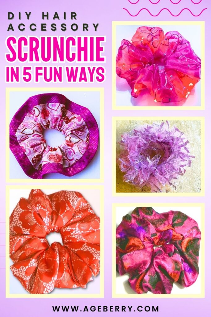 Learn how to make a DIY scrunchie in five fun ways. The image shows several handmade fabric scrunchies in different styles, including ruffled tulle, layered fabric, and classic gathered designs, demonstrating creative sewing options for easy hair accessories.