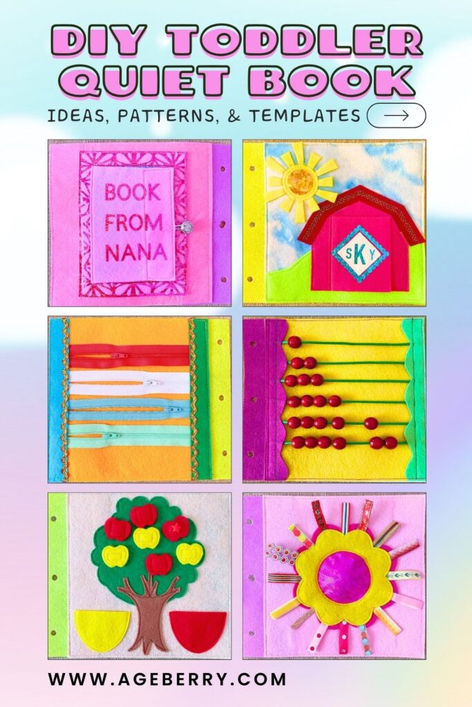 Learn how to make a DIY toddler quiet book with these beginner-friendly ideas, patterns, and templates. The image shows colorful felt quiet book pages featuring zippers, buttons, beads, matching games, and interactive shapes designed to build fine motor skills and keep toddlers engaged.