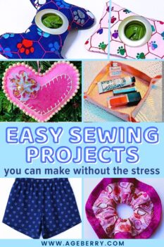 A collage of beginner-friendly sewing projects, including dog poop bag holders, a pink felt heart ornament with decorative stitching, a small fabric valet tray, simple elastic-waist shorts, and a colorful scrunchie—showing quick, low-stress ideas to sew with minimal supplies.