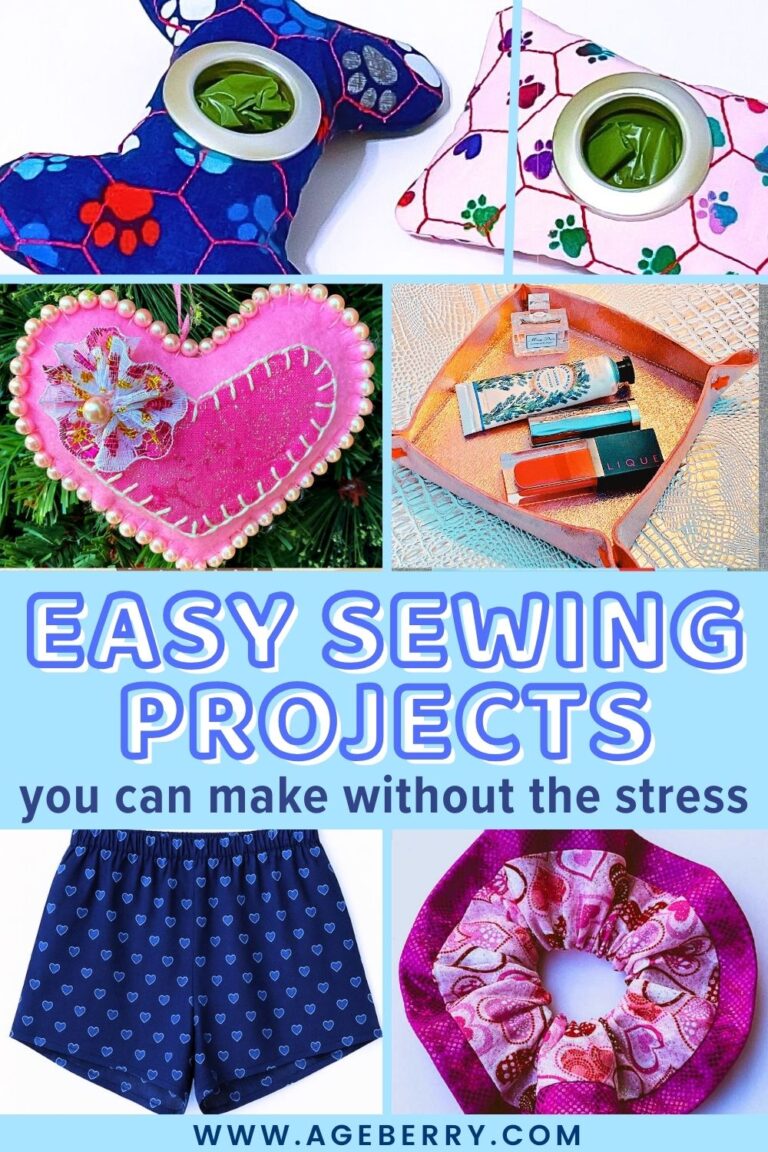 A collage of beginner-friendly sewing projects, including dog poop bag holders, a pink felt heart ornament with decorative stitching, a small fabric valet tray, simple elastic-waist shorts, and a colorful scrunchie—showing quick, low-stress ideas to sew with minimal supplies.