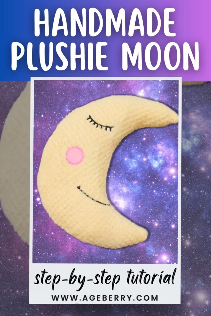 Learn how to sew a handmade plush moon with this step-by-step tutorial. The image shows a soft crescent moon plush toy made from fuzzy fabric, with embroidered sleepy eyes, set against a starry night background as a beginner-friendly sewing project.