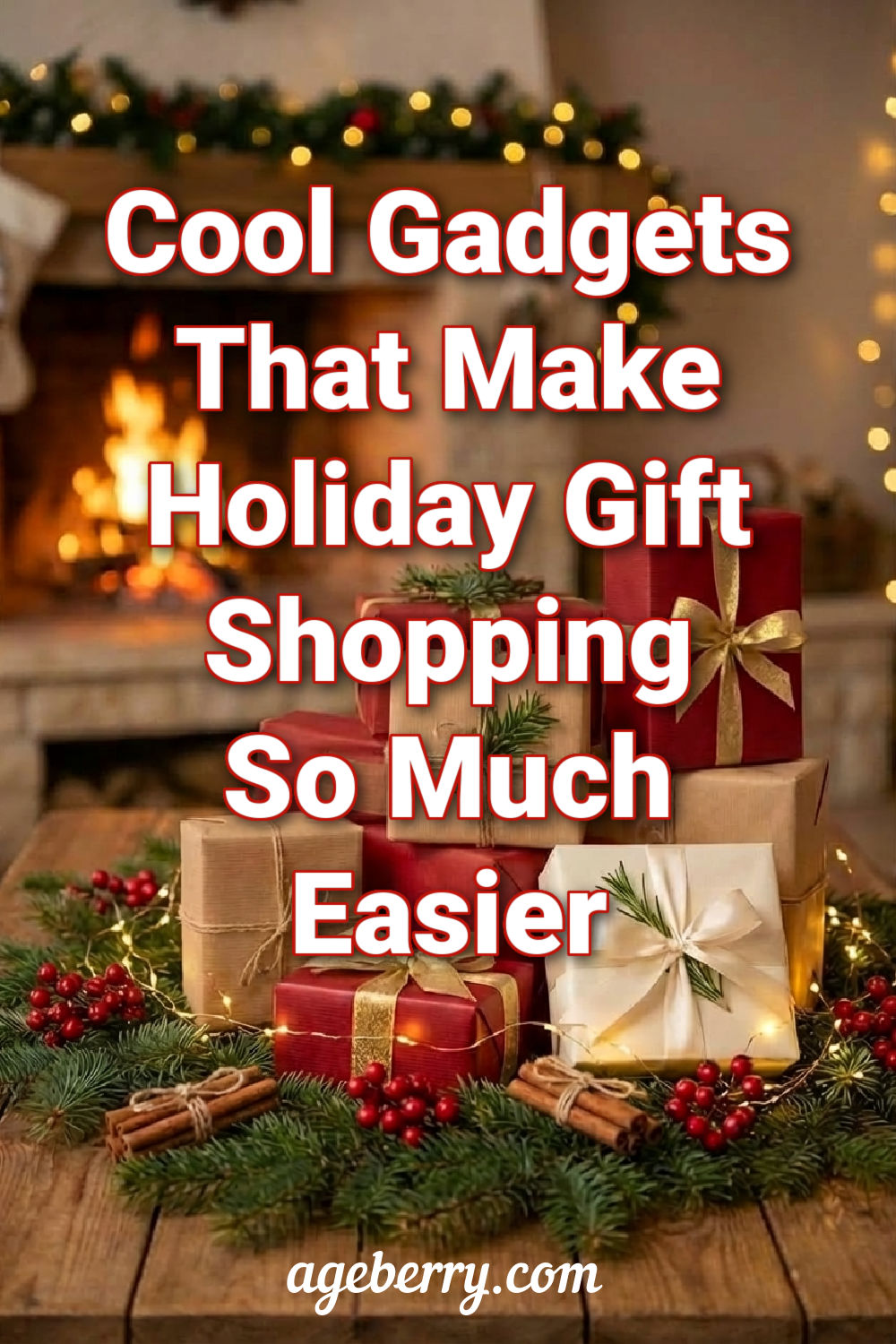 Cozy holiday scene Pinterest pin showing wrapped gifts in red and kraft paper with ribbons on a rustic wooden table decorated with evergreen branches, berries, cinnamon sticks, and fairy lights. A fireplace with a warm fire and garland is blurred in the background. Large white text over the image says ‘Cool Gadgets That Make Holiday Gift Shopping So Much Easier’ and ‘ageberry.com’ at the bottom.