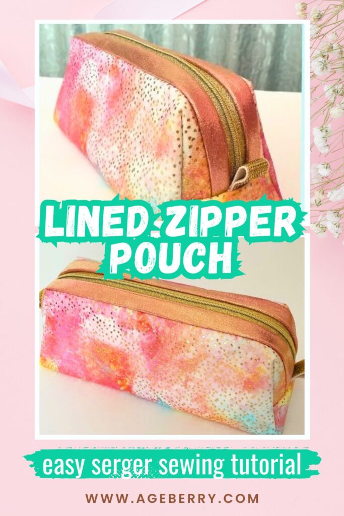 Learn how to sew a lined zipper pouch using a serger. The image shows a handmade rectangular zipper pouch with a smooth top zipper, boxed corners, and colorful cotton fabric, highlighting clean construction, neat seams, and a fully lined interior for a practical everyday sewing project.