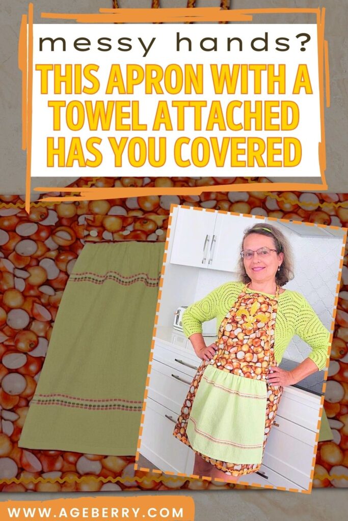 Learn how to sew a practical kitchen apron with a towel attached. The image shows a handmade apron with a built-in towel pocket, displayed flat and worn by a woman in a kitchen, designed to keep hands clean while cooking or sewing with an easy, beginner-friendly sewing project.