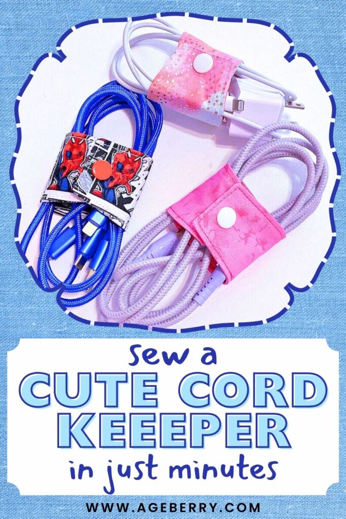 Learn how to sew a cute fabric cord keeper using small fabric scraps and a snap closure. The image shows handmade cord organizers wrapped around charging cables, demonstrating a quick beginner-friendly sewing project you can finish in just minutes to keep cords neat and tangle-free.