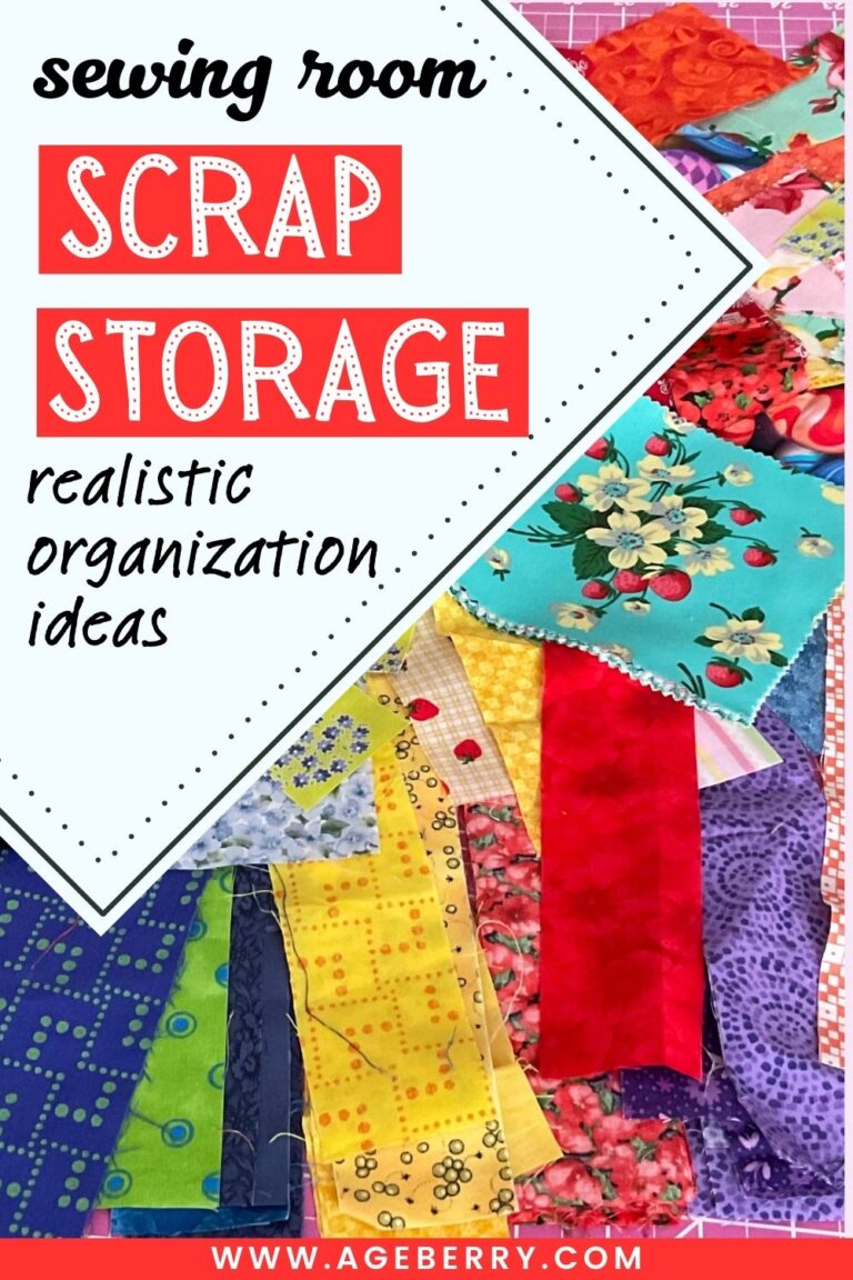 A spread of fabric scraps arranged on a cutting surface, showing medium-sized quilting cotton pieces in bright and muted colors, including florals, solids, and prints. The scraps vary in width and length, representing realistic fabric leftovers from sewing projects. Text overlay reads “sewing room scrap storage realistic organization ideas” with the Ageberry website URL, emphasizing practical fabric scrap organization.