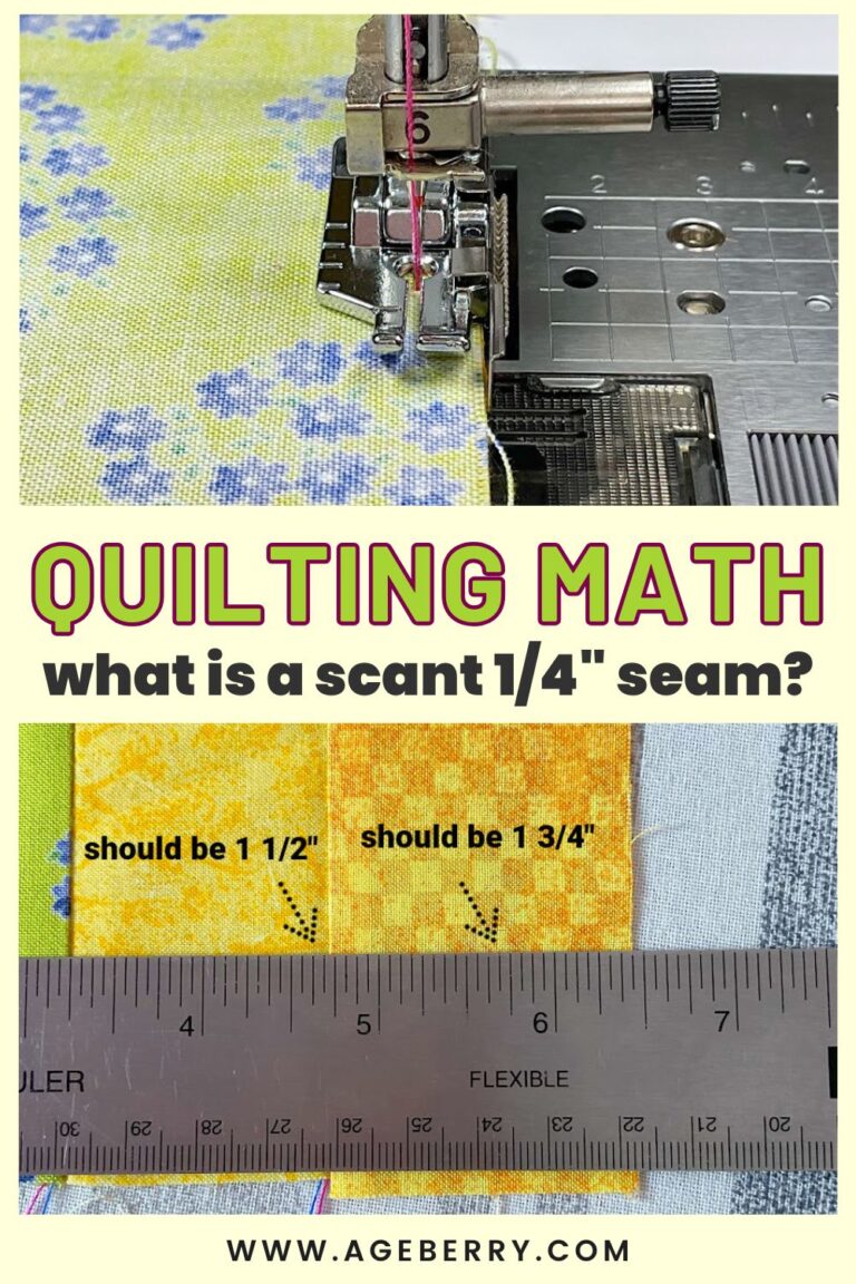 Close-up photo showing a sewing machine stitching a quarter-inch seam on quilting cotton, followed by a ruler measuring the finished fabric strips. The image demonstrates quilting math by comparing expected block widths to actual measurements, illustrating how a scant quarter-inch seam affects accuracy. Text on the image highlights blocks that should measure 1 1/2 inches and 1 3/4 inches but do not align perfectly.