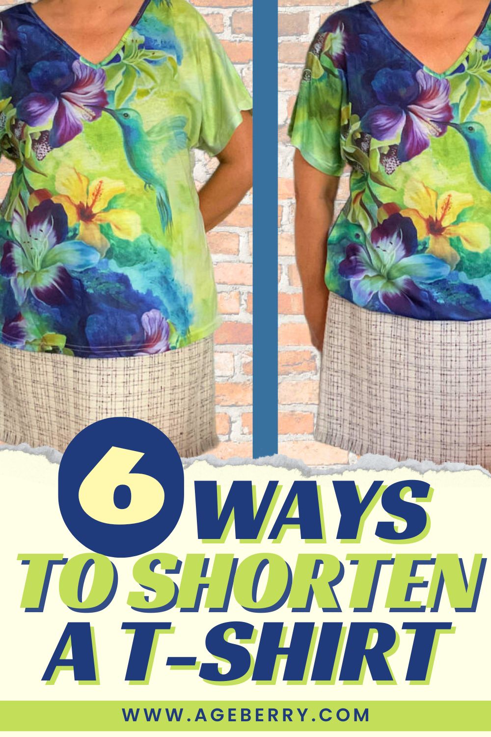 Learn how to shorten a T-shirt using six different sewing methods. The image shows a before-and-after comparison of a colorful floral T-shirt, with the left side longer and the right side neatly shortened for a better fit. This beginner-friendly sewing tutorial demonstrates multiple ways to shorten a T-shirt while keeping it comfortable and wearable, helping you fix length issues without ruining the original style.