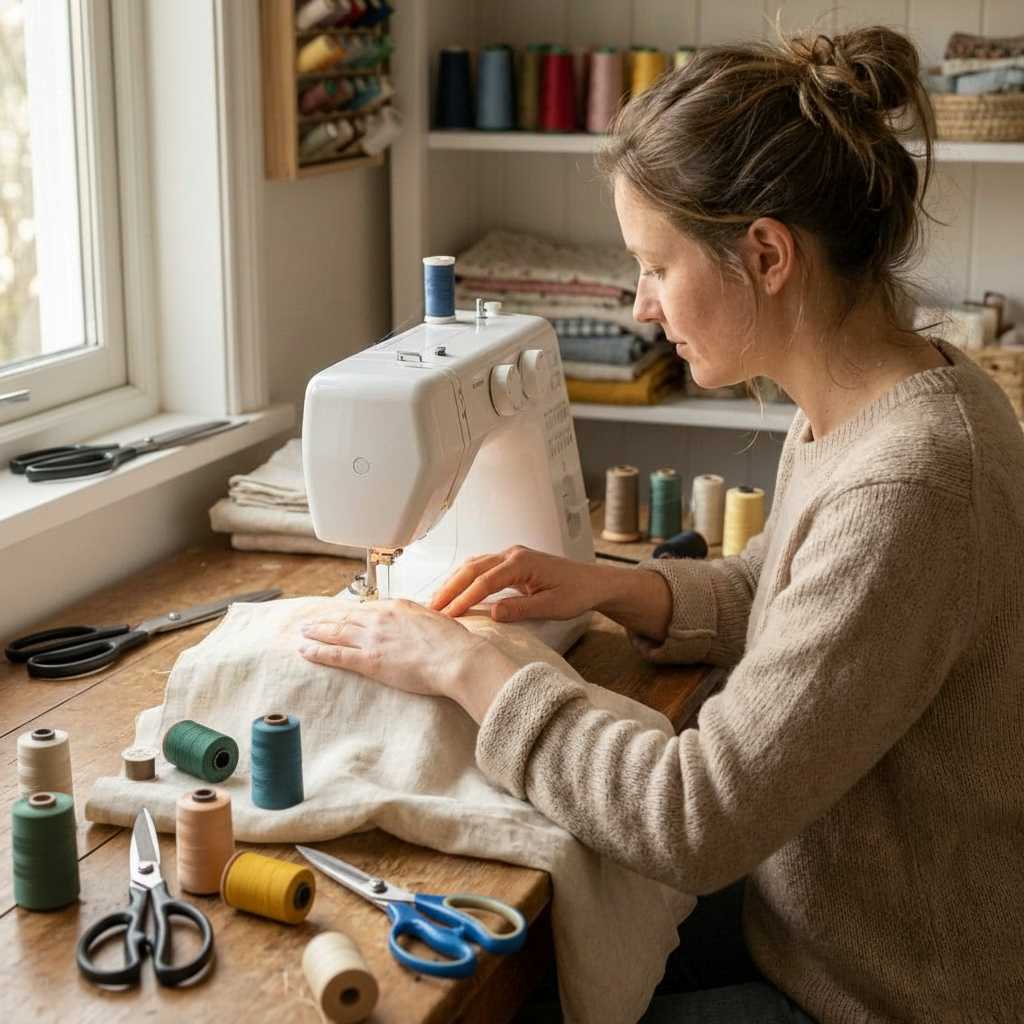 AI generated Image of a woman sewing at a sewing machine with multiple inconsistencies