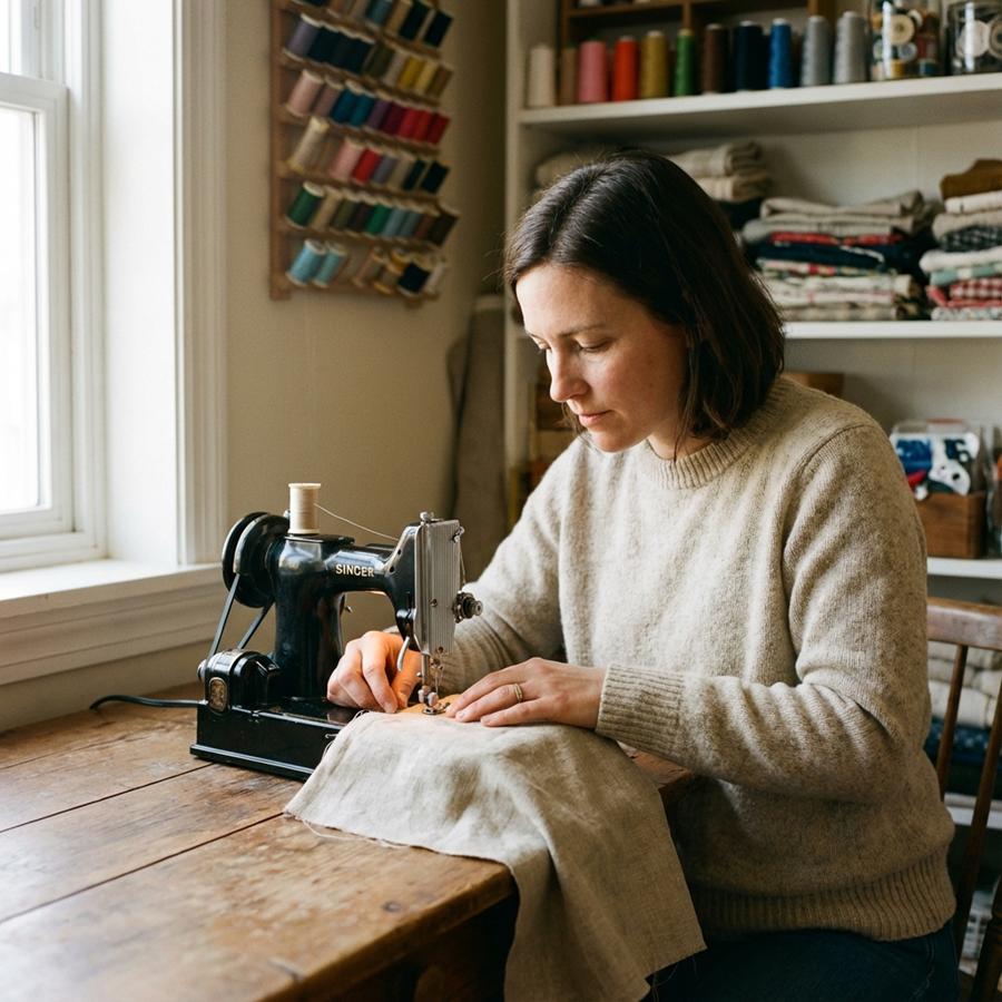 AI generated image of a woman using a too small sewing machine