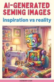 Illustrated sewing-themed graphic featuring a cheerful multicolored robot operating a sewing machine while guiding a quilt under the needle. The scene includes thread spools, wall quilts, fabric rolls, and warm indoor lighting. The robot’s body shows stitched patchwork patterns and visible gears. Text reads “AI-Generated Sewing Images: inspiration vs reality.” Concept illustration used for visual inspiration, not instructional content.