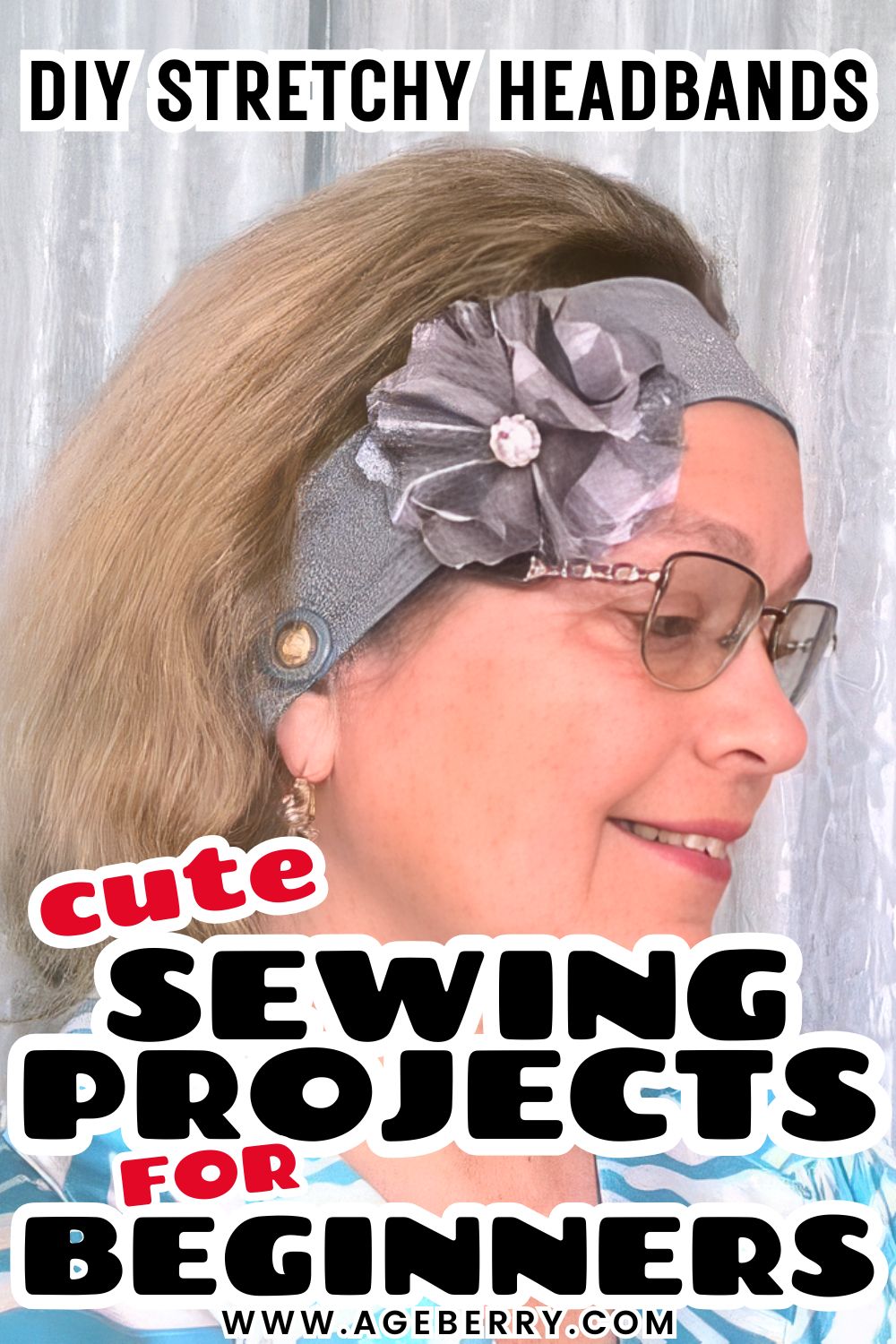 Learn how to make DIY stretchy headbands with this cute sewing project for beginners. The image shows a handmade gray fabric headband worn on the head, featuring a soft fabric flower embellishment on the side. This beginner-friendly sewing tutorial teaches how to sew comfortable stretch headbands using knit fabric, simple construction steps, and easy decorative details for everyday wear or handmade gifts.