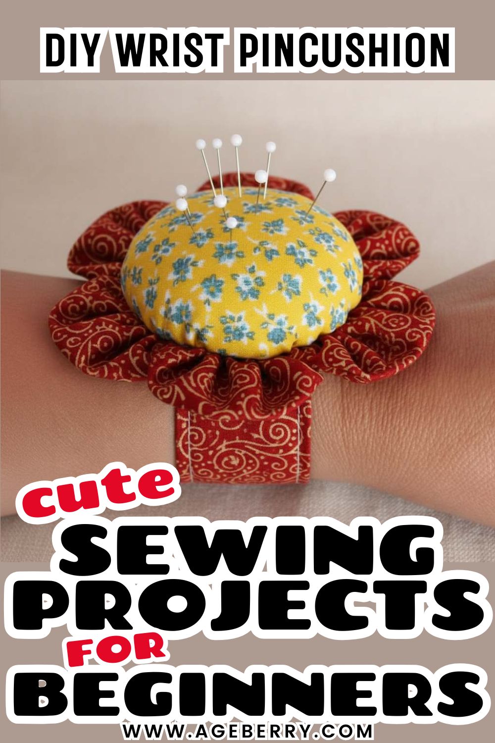 Learn how to make a DIY wrist pincushion with this cute sewing project for beginners. The image shows a handmade wrist pincushion worn on the arm, featuring a round yellow floral pincushion top with straight pins inserted and a gathered red fabric base attached to a soft fabric wristband. This beginner-friendly sewing tutorial teaches how to sew a practical wrist pincushion using fabric scraps, simple shaping techniques, and basic hand or machine sewing skills.