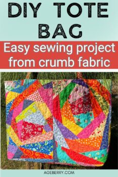 DIY tote bag made from colorful crumb quilt fabric, featuring a large quilted patchwork design with boxed corners and sturdy fabric handles. This easy sewing project turns fabric scraps into a practical lined tote bag that works for everyday use, sewing supplies, groceries, or the gym. A great example of a DIY quilted tote bag with personality, texture, and handmade detail, perfect for scrap quilting and creative sewing inspiration