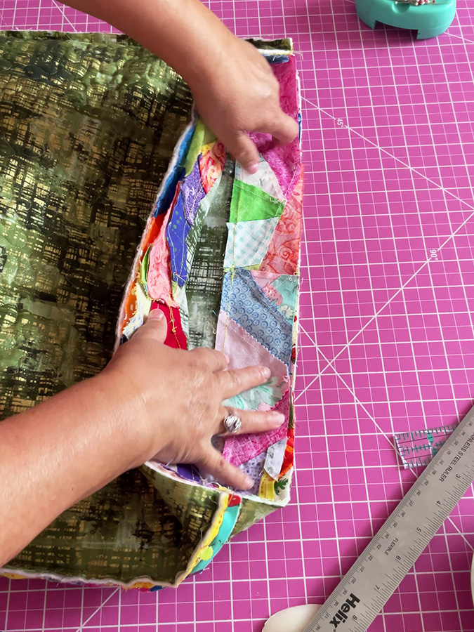 the bag inside the lining ready to be sewn together