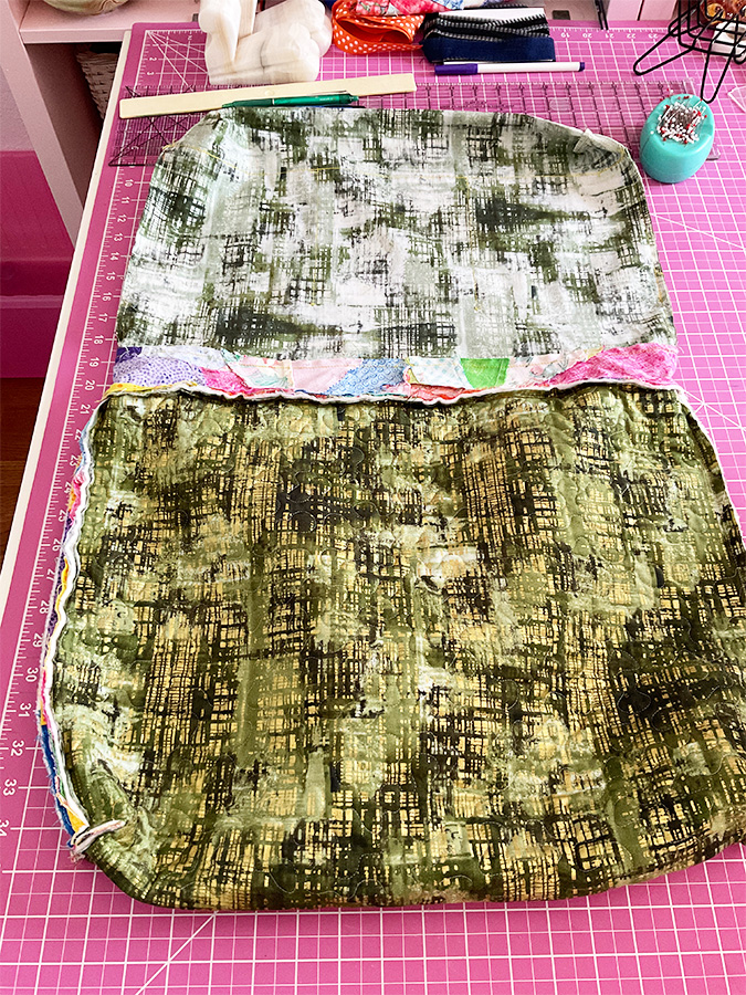 the inner lining and outer bag after being sewn together at the top but separated for the next step both are right side in (not visible)