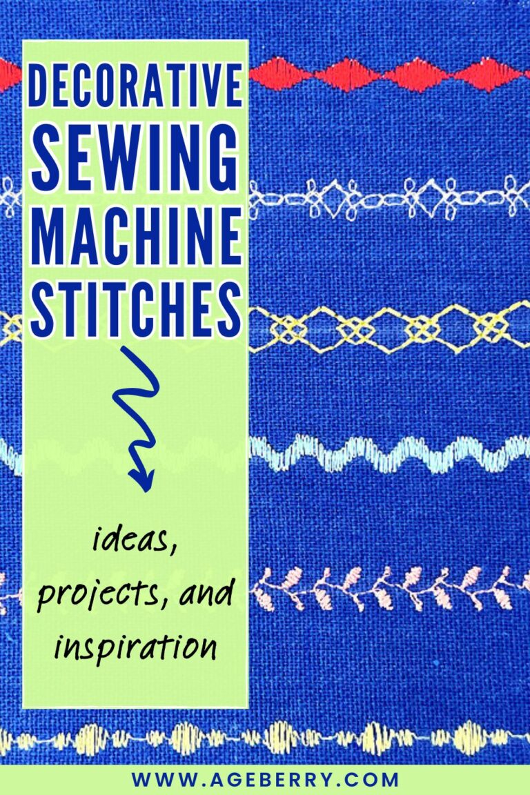 Learn how to use decorative sewing machine stitches with this beginner-friendly guide from Ageberry.com. The image shows a blue fabric sampler stitched with multiple decorative sewing machine stitches arranged in horizontal rows, including zigzags, waves, geometric chains, leaf-like motifs, and linked patterns in contrasting thread colors. A vertical text panel reads “decorative sewing machine stitches – ideas, projects, and inspiration,” pointing to the stitch samples. This visual demonstrates how different decorative stitches look on fabric and helps you choose stitch patterns for embellishing hems, borders, home décor, and creative sewing projects.