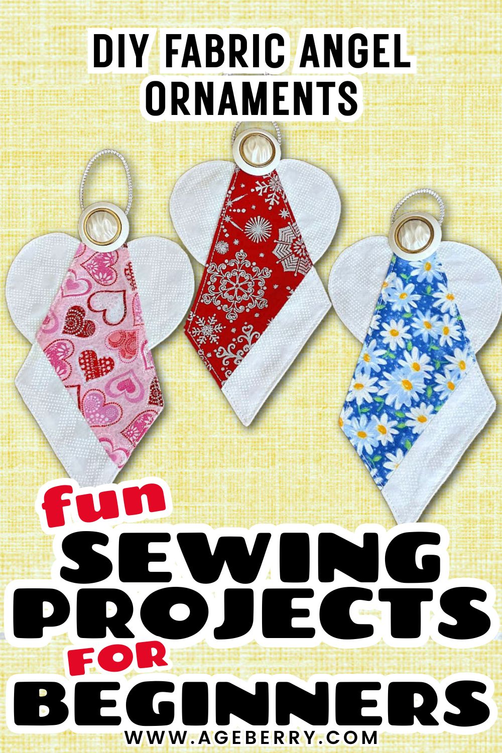 Learn how to make DIY fabric angel ornaments with this fun sewing project for beginners. The image shows three handmade angel ornaments sewn from fabric, each with white wings, a simple dress shape in different prints, and a loop for hanging. This beginner-friendly sewing project is perfect for practicing basic sewing skills, using fabric scraps, and creating handmade Christmas decorations or thoughtful gifts.