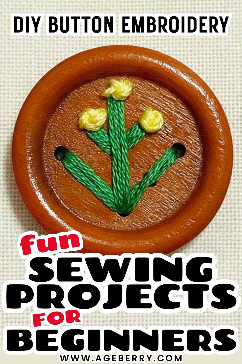 Learn how to do DIY button embroidery with a fun sewing project for beginners. The image shows a large round wooden button stitched with green embroidery thread to create simple plant stems and small yellow French-knot flowers. The embroidery is worked directly through the button holes, demonstrating an easy decorative technique that combines hand embroidery and button embellishment. This beginner-friendly sewing project is perfect for practicing basic embroidery stitches, decorating garments or accessories, and turning ordinary buttons into unique handmade details.