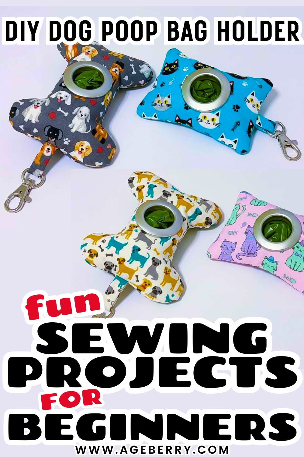 Learn how to sew a DIY dog poop bag holder with this fun sewing project for beginners. The image shows several handmade fabric poop bag holders in cute dog and cat prints, each with a metal grommet for dispensing bags and a swivel clip for attaching to a leash or bag. This beginner-friendly sewing project is great for practicing simple construction, using small fabric scraps, and making a practical accessory for dog walks.