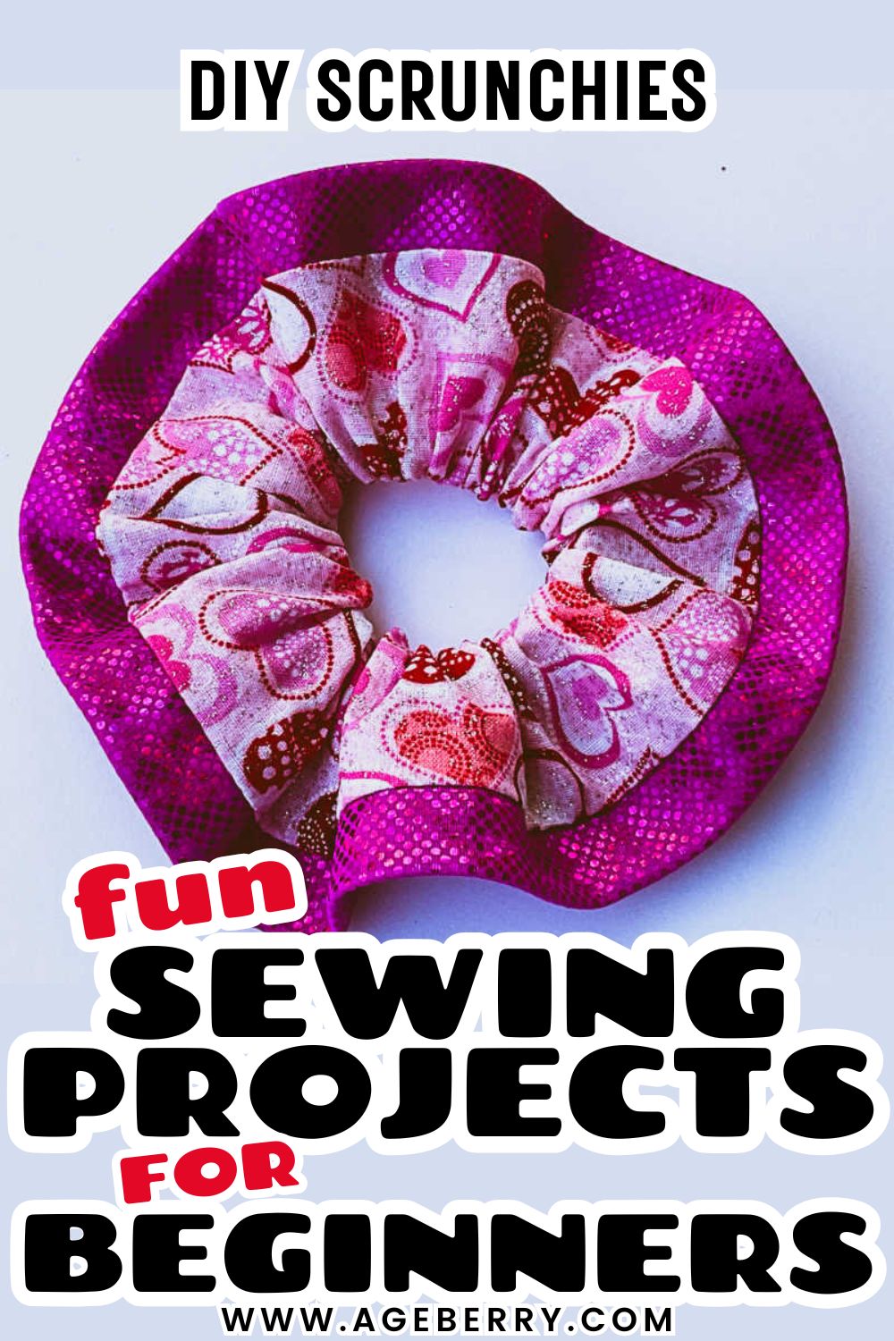 Learn how to make DIY scrunchies with this fun sewing project for beginners. The image shows a handmade fabric scrunchie in bright pink and patterned cotton, arranged in a circular shape to highlight the gathered fabric and elastic inside. This beginner-friendly sewing project is perfect for using fabric scraps and practicing simple sewing techniques, making it a quick and fun way to create stylish hair accessories at home.