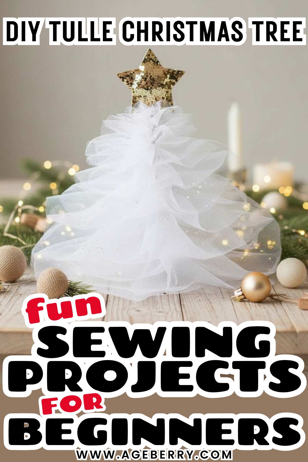 Learn how to make a DIY tulle Christmas tree with this fun sewing project for beginners. The image shows a handmade tabletop Christmas tree created from layers of soft white tulle, shaped into a flowing cone and topped with a gold star. The tree is displayed on a wooden surface with simple holiday decorations and warm lights in the background. This beginner-friendly sewing project focuses on working with tulle, gathering layers, and creating festive holiday décor using basic sewing and crafting techniques.