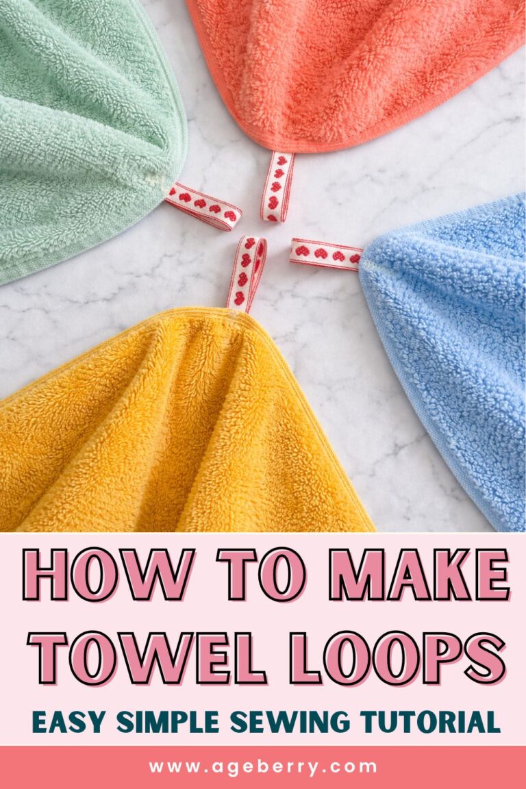 Four colorful bath towels arranged in a circle on a white stone surface, each towel featuring a sewn red ribbon hanging loop with heart pattern, shown as part of a towel loop sewing tutorial.