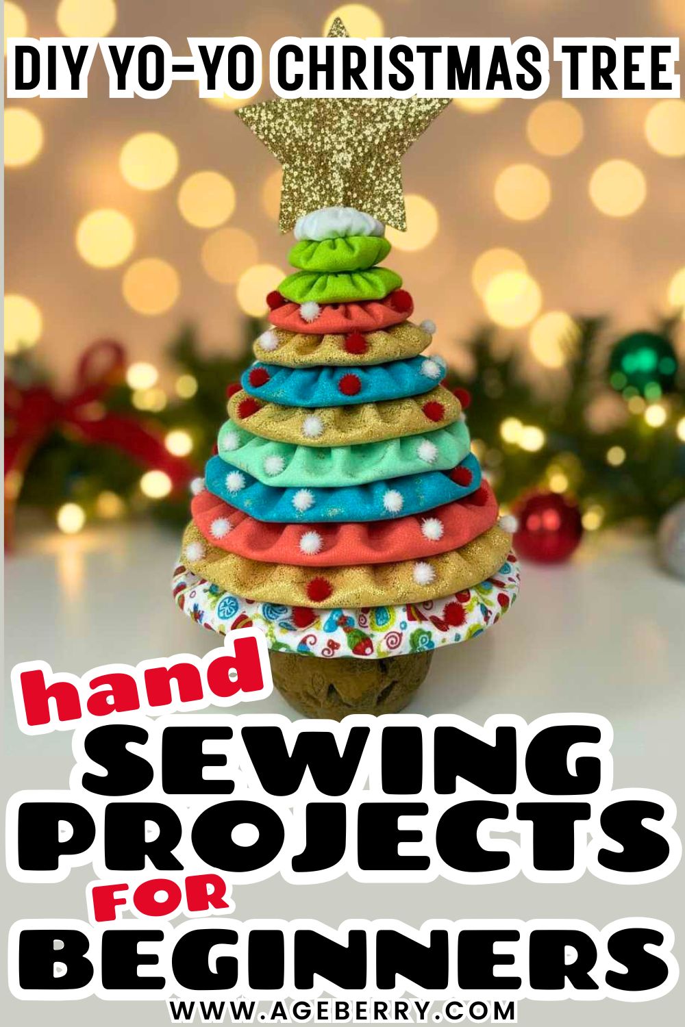 Learn how to make a DIY yo-yo Christmas tree with a beginner-friendly hand sewing project. The image shows a small handmade Christmas tree created from stacked fabric yo-yos in festive colors like green, red, gold, and blue, decorated with tiny pom-poms and topped with a glittery gold star. The yo-yos are layered to form a cone-shaped tree, displayed against a softly lit holiday background. This hand sewing project for beginners is ideal for using fabric scraps, practicing yo-yo techniques, and creating charming Christmas decorations for shelves or tabletops.