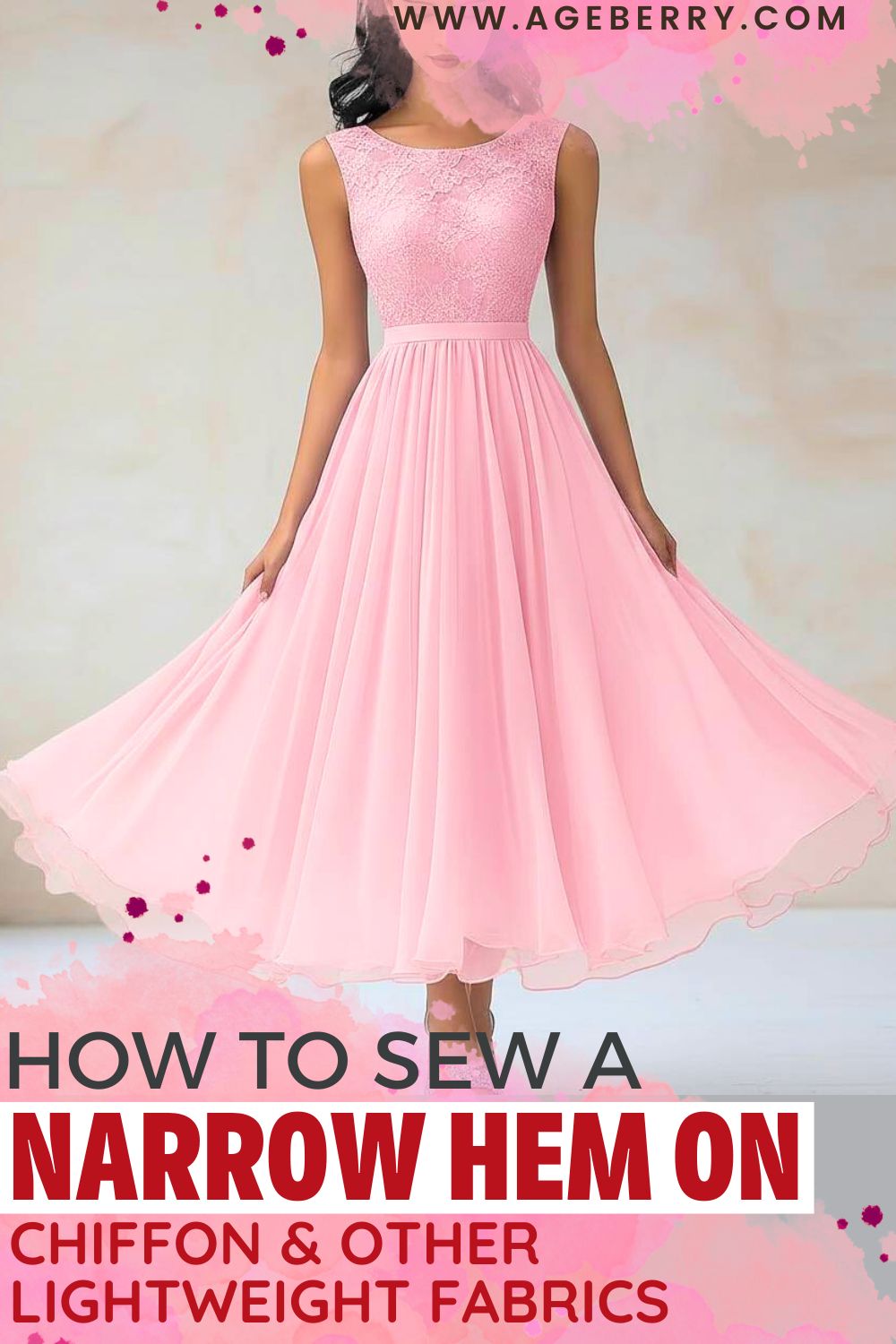 Learn how to sew a narrow hem on chiffon and other lightweight fabrics with this step-by-step sewing tutorial from Ageberry.com. Image shows a flowing pink chiffon dress with a fitted bodice and a soft, airy skirt, highlighting a clean, delicate narrow hem along the curved hemline. The example demonstrates how a narrow hem creates a smooth, professional finish on sheer fabrics without adding bulk, making it ideal for dresses, skirts, and special-occasion garments sewn from lightweight materials.