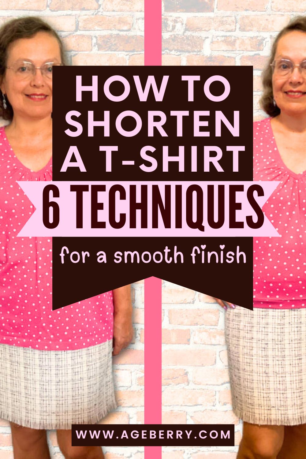 Learn how to shorten a T-shirt using 6 proven sewing techniques for a smooth, professional finish. The image shows a clear before-and-after comparison of a pink polka-dot T-shirt worn by the same person, with the original longer length on one side and the neatly shortened version on the other. This beginner-friendly sewing tutorial explains different methods to shorten a T-shirt without distortion, waviness, or bulky hems, and helps you choose the right technique based on fabric stretch and desired finish.