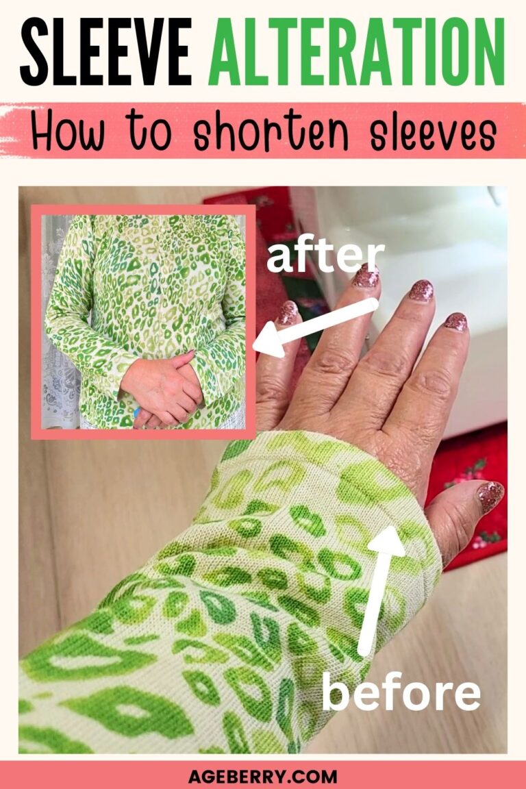 Before and after comparison of cardigan sleeve alteration. Close-up of a green knit cardigan sleeve shows the sleeve length before shortening, extending over the hand, and after shortening, ending cleanly at the wrist. Arrows point to “before” and “after” sleeve lengths. Image highlights how to shorten sleeves on a cardigan while preserving the original knit hem for a polished finish