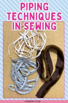 three different types of piping cord of various colors and sizes presented on a flat surface the words piping techniques in sewing at the top and the site logo ageberry.com at the bottom