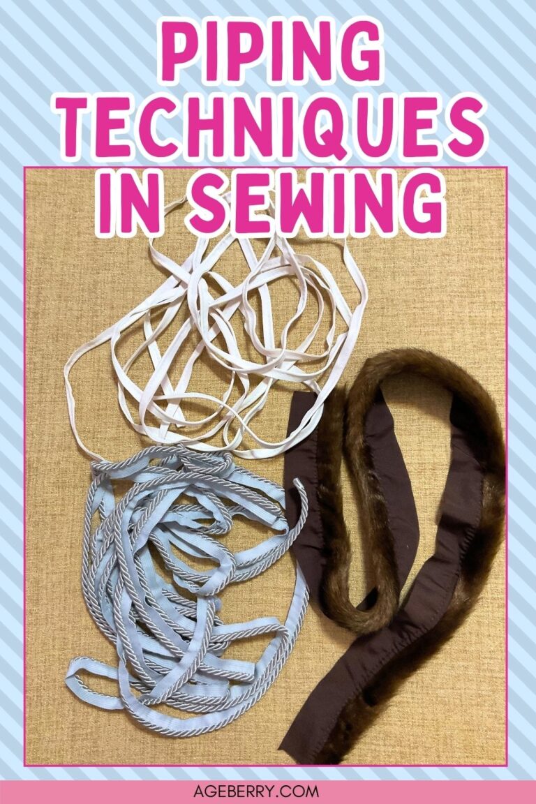three different types of piping cord of various colors and sizes presented on a flat surface the words piping techniques in sewing at the top and the site logo ageberry.com at the bottom