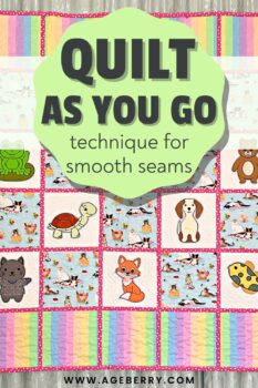 Learn how to use the quilt as you go technique for smooth seams with this beginner-friendly quilting tutorial from Ageberry.com. The image shows a colorful finished quilt made with quilt-as-you-go blocks, featuring playful animal prints arranged in a grid with bright pink sashing and polka dot accents. Each block is quilted individually, creating flat, even seams and a neat overall finish. This quilt as you go method is ideal for small quilts, scrap quilting, and managing bulky layers while keeping seams smooth and accurate.