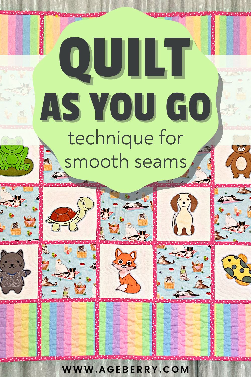 Learn how to use the quilt as you go technique for smooth seams with this beginner-friendly quilting tutorial from Ageberry.com. The image shows a colorful finished quilt made with quilt-as-you-go blocks, featuring playful animal prints arranged in a grid with bright pink sashing and polka dot accents. Each block is quilted individually, creating flat, even seams and a neat overall finish. This quilt as you go method is ideal for small quilts, scrap quilting, and managing bulky layers while keeping seams smooth and accurate.