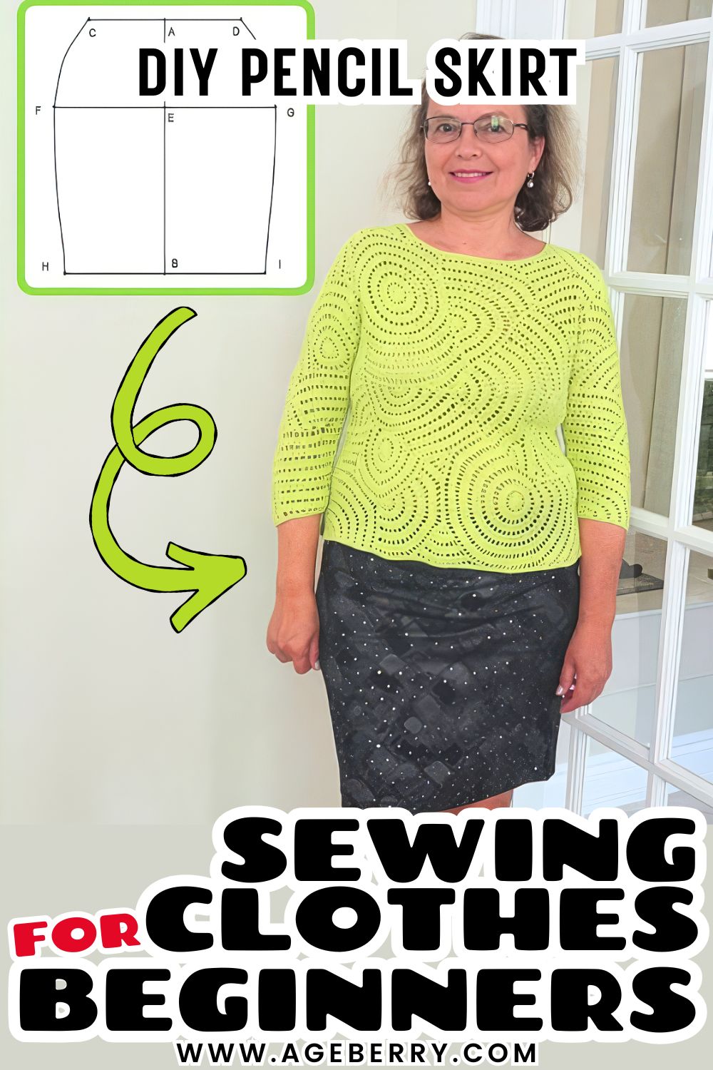 Learn how to sew a DIY pencil skirt for beginners using a simple sewing method. The image shows a finished knit pencil skirt worn with a fitted top, alongside a basic skirt drafting diagram that explains the construction. This beginner-friendly sewing clothes project helps you understand skirt fit, pattern basics, and how a pencil skirt is created from measurements to a wearable garment.