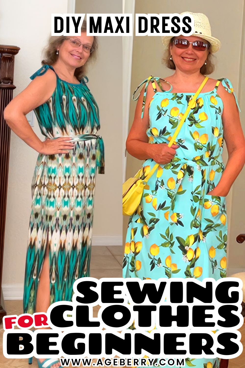 Learn how to sew a DIY maxi dress for beginners with an easy sewing clothes project. The image shows two finished handmade maxi dresses worn by the same sewist, featuring simple construction, loose fit, and lightweight fabric. This beginner-friendly sewing tutorial focuses on basic dress shaping, adjustable straps, and comfortable summer style, making it a great starting project for learning how to sew dresses from scratch.