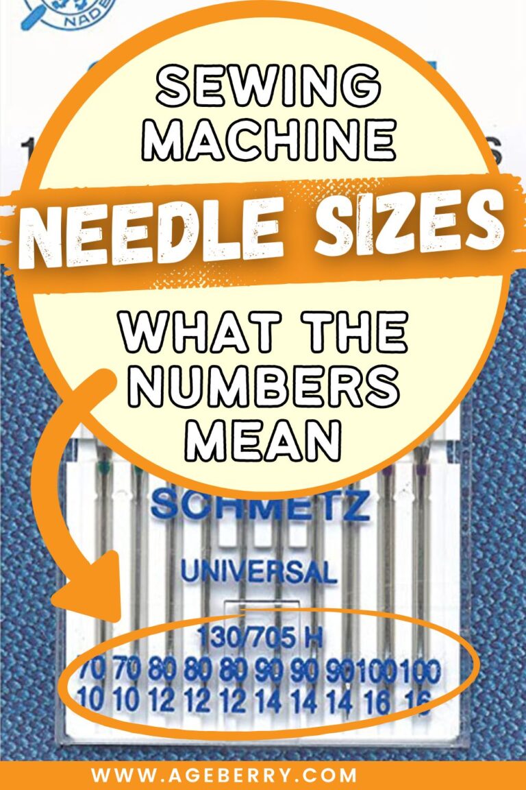 Learn how sewing machine needle sizes work and what the numbers really mean in this beginner-friendly sewing lesson from Ageberry.com. The image shows a pack of Schmetz universal sewing machine needles with size numbers clearly highlighted, including both metric and U.S. sizing. An orange circle and arrow point to the needle size markings to explain how to read needle sizes correctly and choose the right needle for different fabrics. This visual guide helps sewists understand sewing machine needle sizes, avoid skipped stitches, reduce fabric damage, and improve stitch quality on everyday sewing projects.