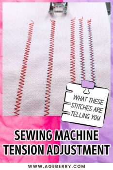 Learn how to adjust sewing machine tension by reading your stitches. Image shows several rows of zigzag stitches sewn on light fabric, stitched in red thread with visible differences in balance and thread pull. A presser foot is visible at the top, and some stitch lines show uneven tension with contrasting bobbin thread peeking through. This beginner-friendly sewing tutorial explains what different stitch results mean and how to fix tension problems, from Ageberry.com.