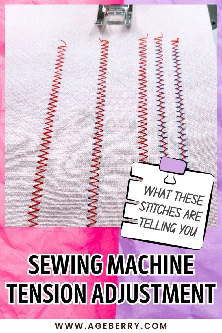 Learn how to adjust sewing machine tension by reading your stitches. Image shows several rows of zigzag stitches sewn on light fabric, stitched in red thread with visible differences in balance and thread pull. A presser foot is visible at the top, and some stitch lines show uneven tension with contrasting bobbin thread peeking through. This beginner-friendly sewing tutorial explains what different stitch results mean and how to fix tension problems, from Ageberry.com.