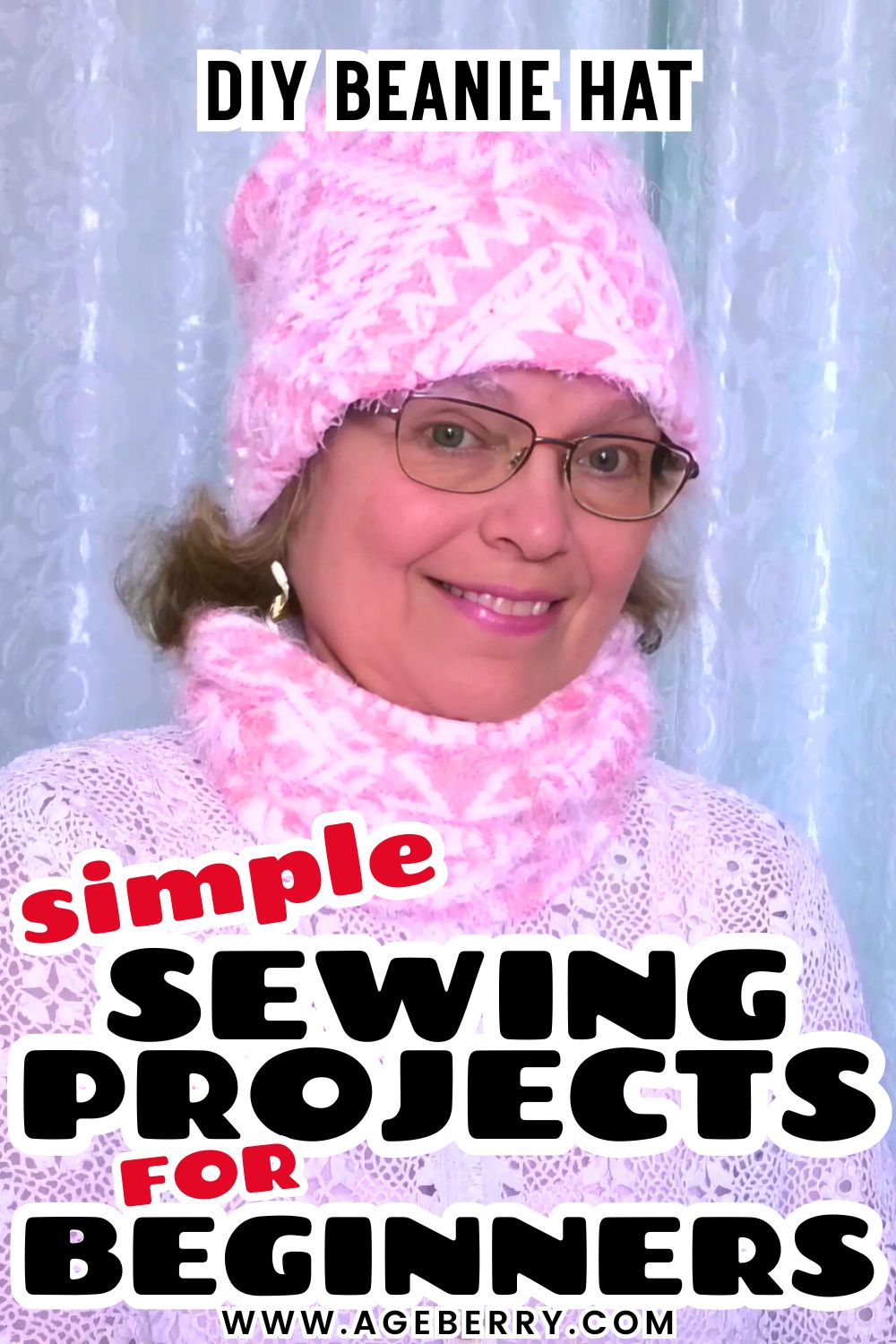Learn how to sew a DIY beanie hat with this simple sewing project for beginners. The image shows a woman wearing a soft pink handmade beanie and matching neck warmer, both sewn from cozy textured fabric. This beginner-friendly sewing project is great for learning how to work with stretchy materials, sew knit fabrics, and create an easy, comfortable beanie hat using a sewing machine.