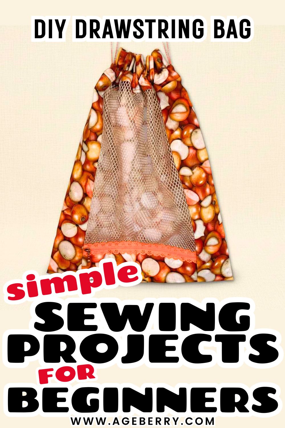 Learn how to sew a DIY drawstring bag with this simple sewing project for beginners. The image shows a handmade fabric drawstring bag with a mesh center panel, perfect for storing produce or small items. This beginner-friendly sewing project teaches how to sew a drawstring casing, combine fabric and mesh, and make a reusable bag using basic sewing machine skills.