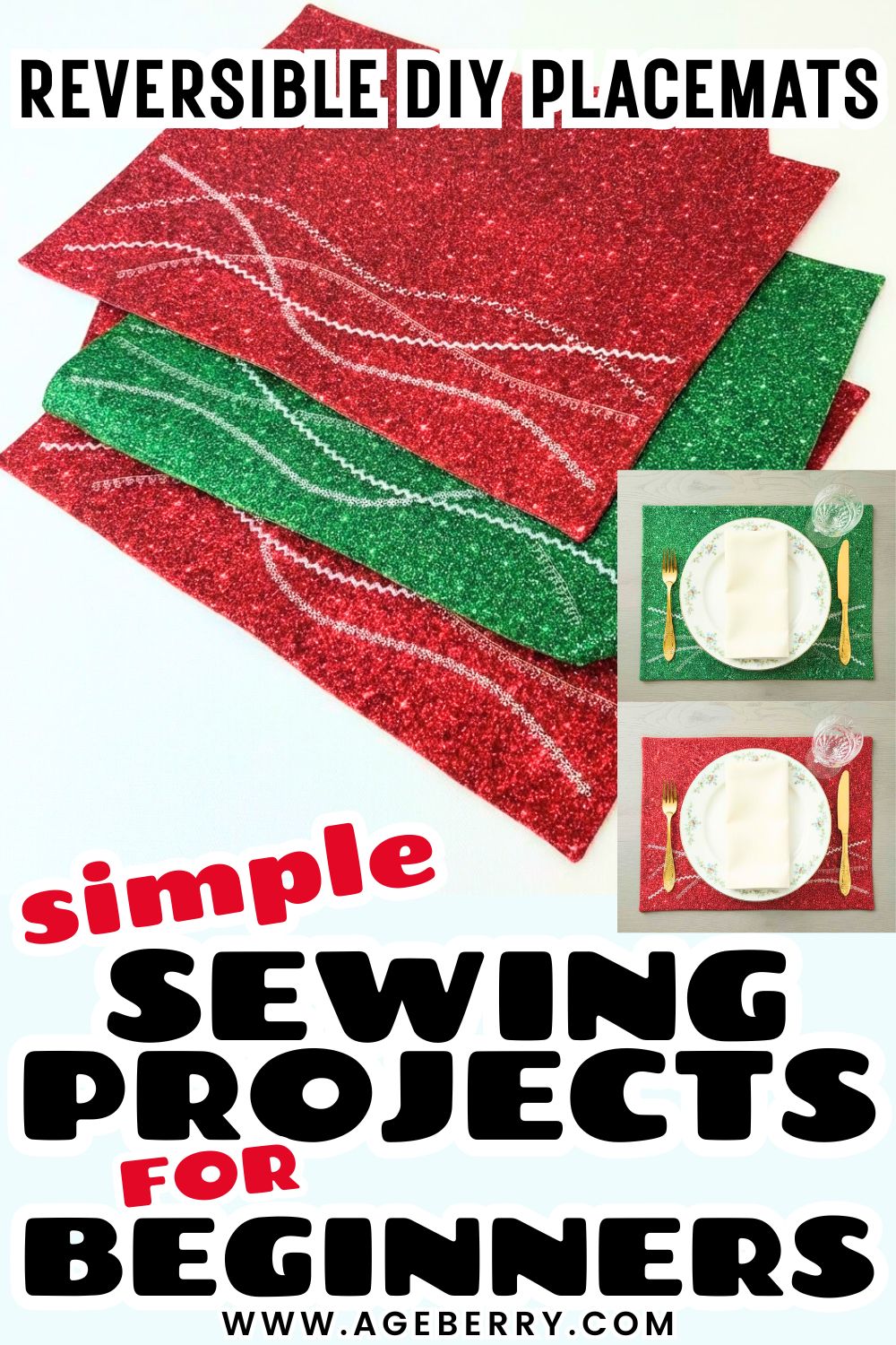 Learn how to sew reversible DIY placemats with this beginner-friendly sewing project. The image shows Christmas-themed placemats made with red and green glitter fabric, featuring decorative wavy stitching. One placemat is shown flipped to highlight the reversible design, with inset photos showing a finished table setting. This simple sewing project is ideal for beginners to practice straight stitching, turning corners, and making festive home decor you can actually use.