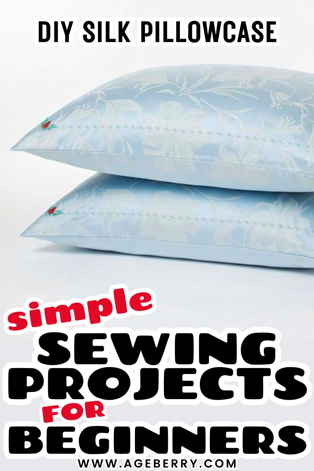 Learn how to sew a DIY silk pillowcase with this simple sewing project for beginners. The image shows two light blue silk pillowcases stacked neatly, highlighting smooth fabric, delicate stitching, and a clean finished edge. This beginner-friendly sewing project is perfect for practicing straight seams, working with slippery fabrics like silk, and creating a luxury pillowcase that helps protect hair and skin while you sleep.