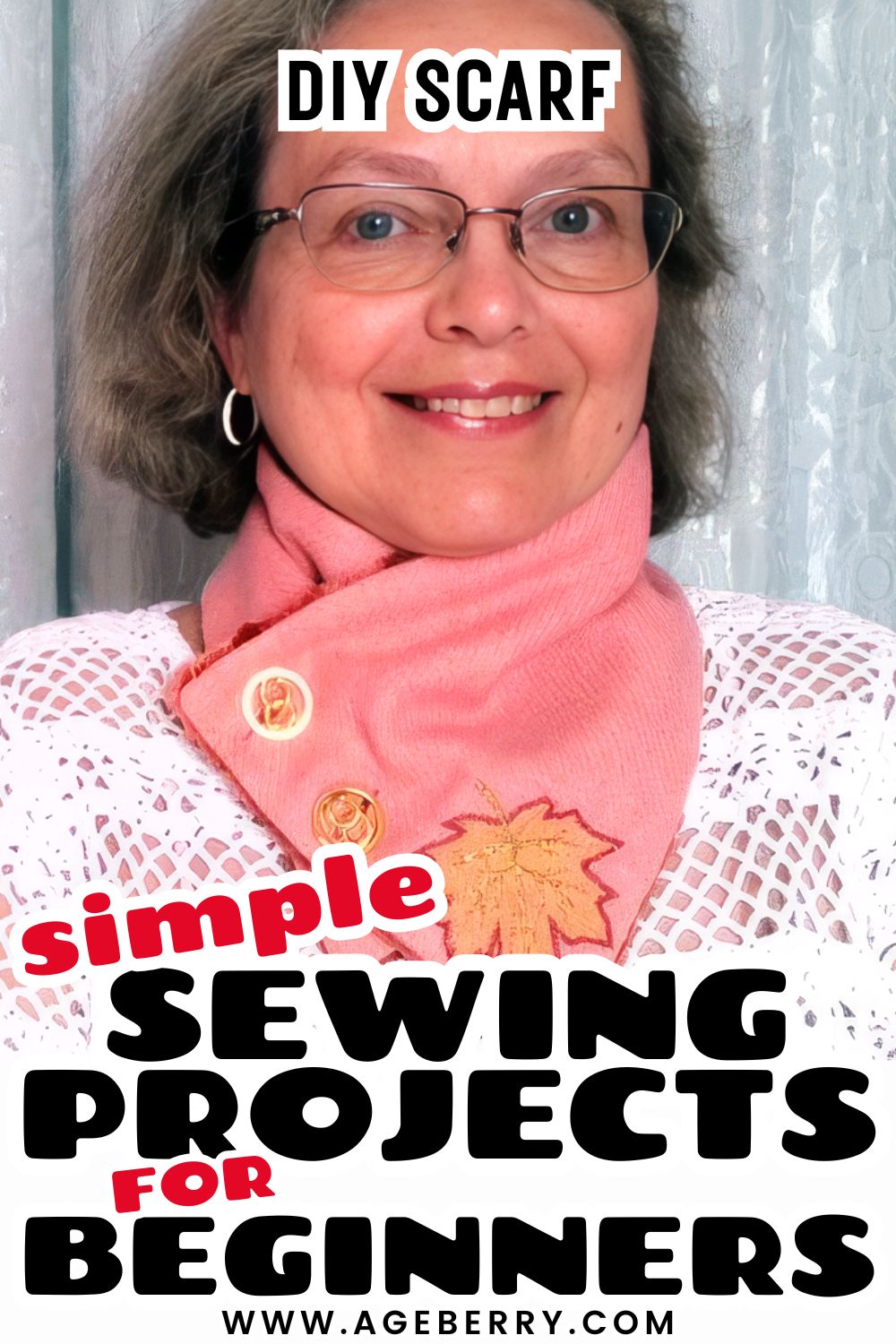 Learn how to sew a simple DIY scarf with this beginner-friendly sewing project. The image shows a handmade fabric scarf with decorative buttons and an appliqué detail, worn around the neck. This easy sewing tutorial teaches basic sewing techniques, how to finish edges neatly, and how to add simple embellishments, making it a great project for beginners learning practical sewing skills.