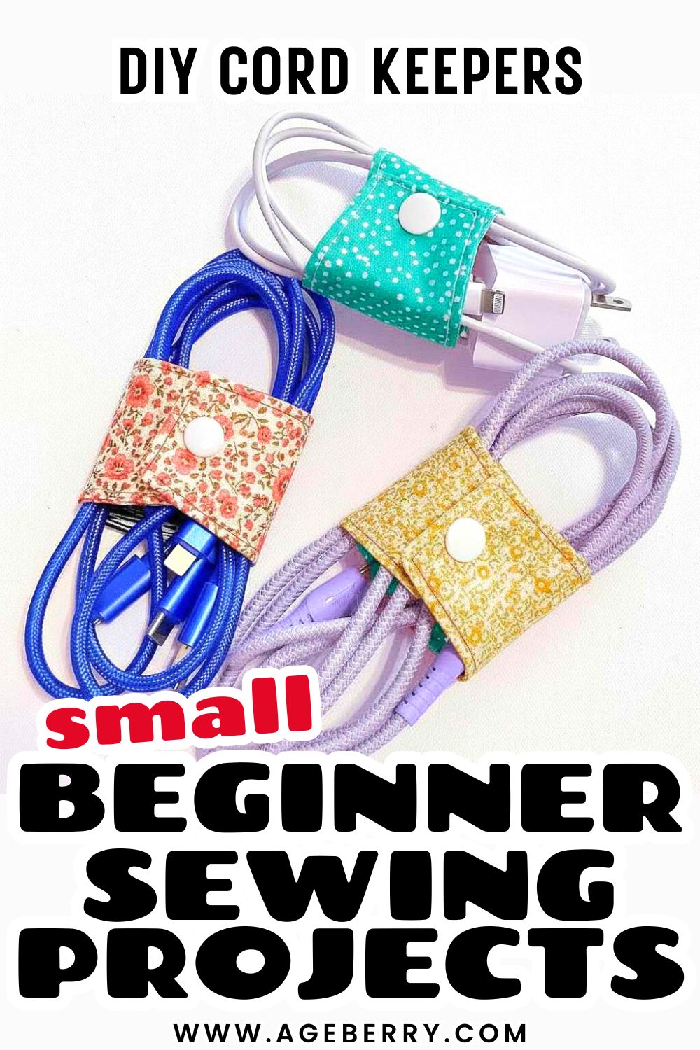 Learn how to make DIY cord keepers with this small beginner sewing project. The image shows fabric cord keepers wrapped around charging cables in blue, white, and lavender, secured with snap buttons and made from colorful cotton scraps. This beginner-friendly sewing tutorial teaches how to sew cord organizers that keep cables tidy, reduce tangles, and turn leftover fabric into practical handmade accessories using simple sewing techniques.