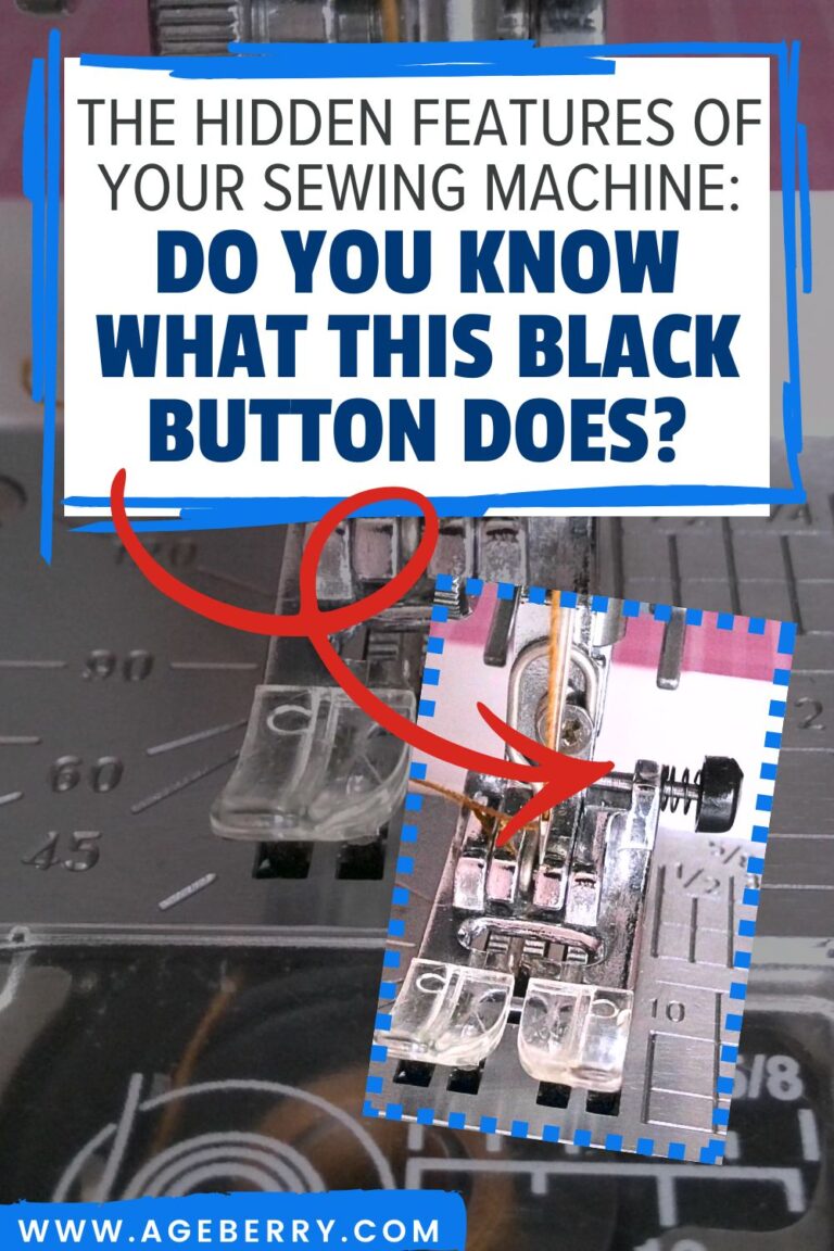 Learn how to use one of the hidden features of your sewing machine with this beginner-friendly sewing lesson from Ageberry.com. The image shows a close-up of a presser foot and needle area with a small black button highlighted by arrows and an inset zoom. This button is often overlooked but plays an important role when sewing over thick seams or uneven layers. The visual explains where the black button is located on the presser foot and why it matters for smoother stitching, better fabric feeding, and fewer skipped stitches.