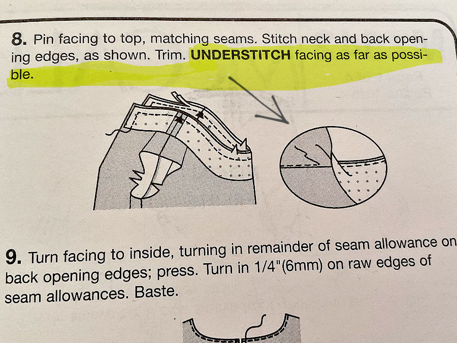 image of a commercial pattern instruction sheet with understitching instructions highlighted